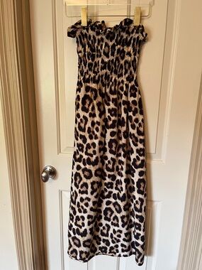 H&M Leopard Print Strapless Midi Dress in Beige and Black